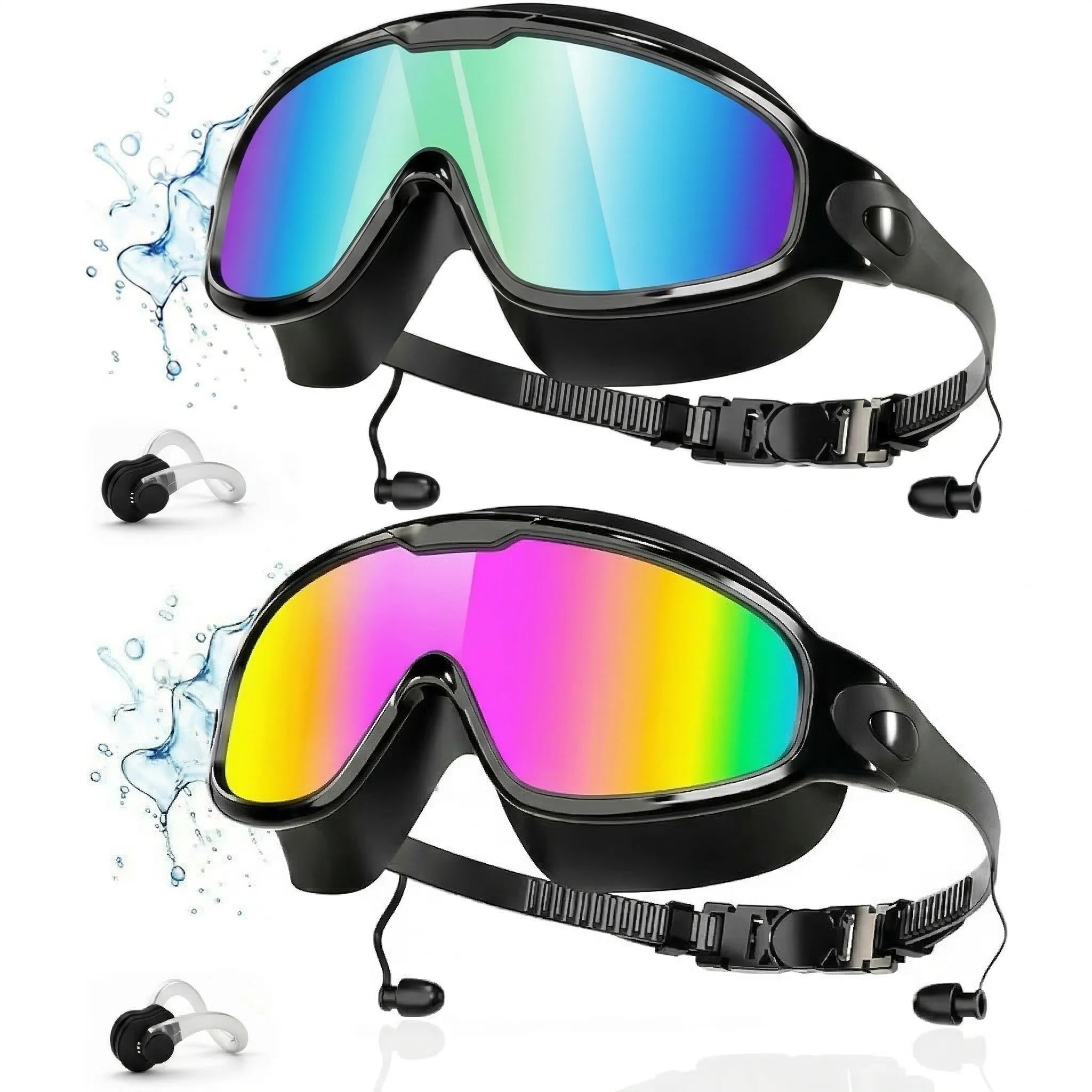 Swimming Goggles For Adults, Wide View Swim Goggles For Men&Women, Anti-Fog, Full Coverage Design, 3-Color UV Protection Lenses, With Integrated Earplugs & Nose Clips, Suitable For Outdoor Activities, Outdoor Fun(2 Pack)